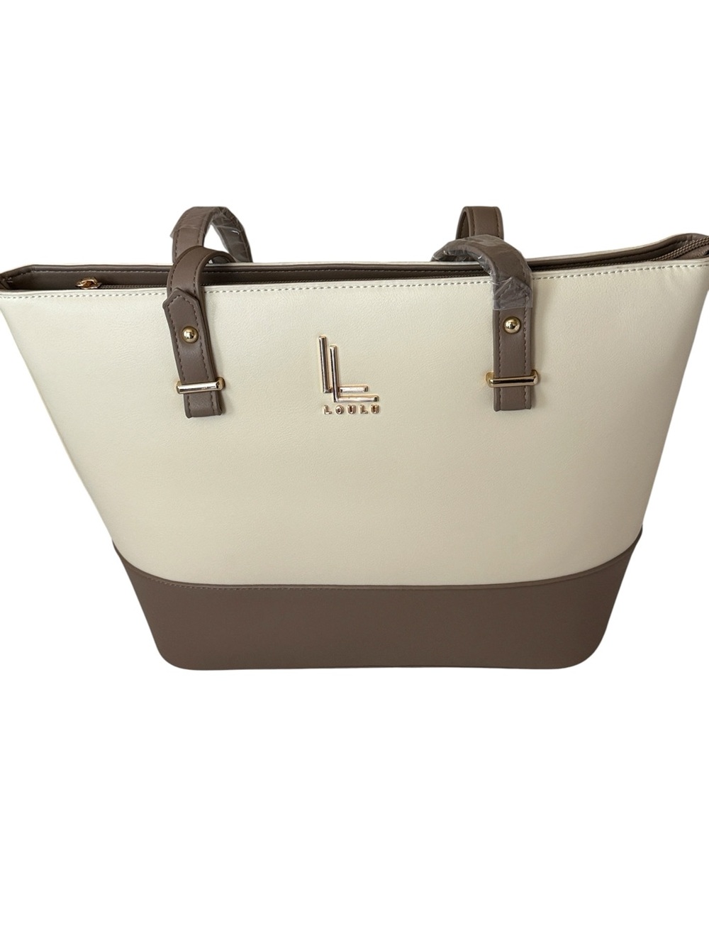 Loulu Elegant Two-Tone Cream /Taupe Structured Tote Bag,faux leather ,15”x10”x5”
